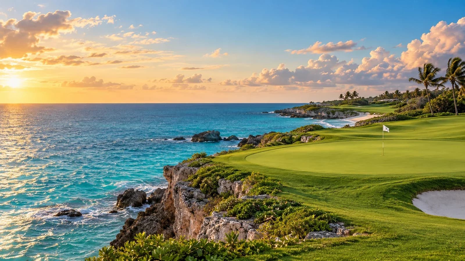 Editorial artwork of a clifftop golf green beside turquoise Atlantic water, with rocky limestone shoreline and palms under a warm morning sky